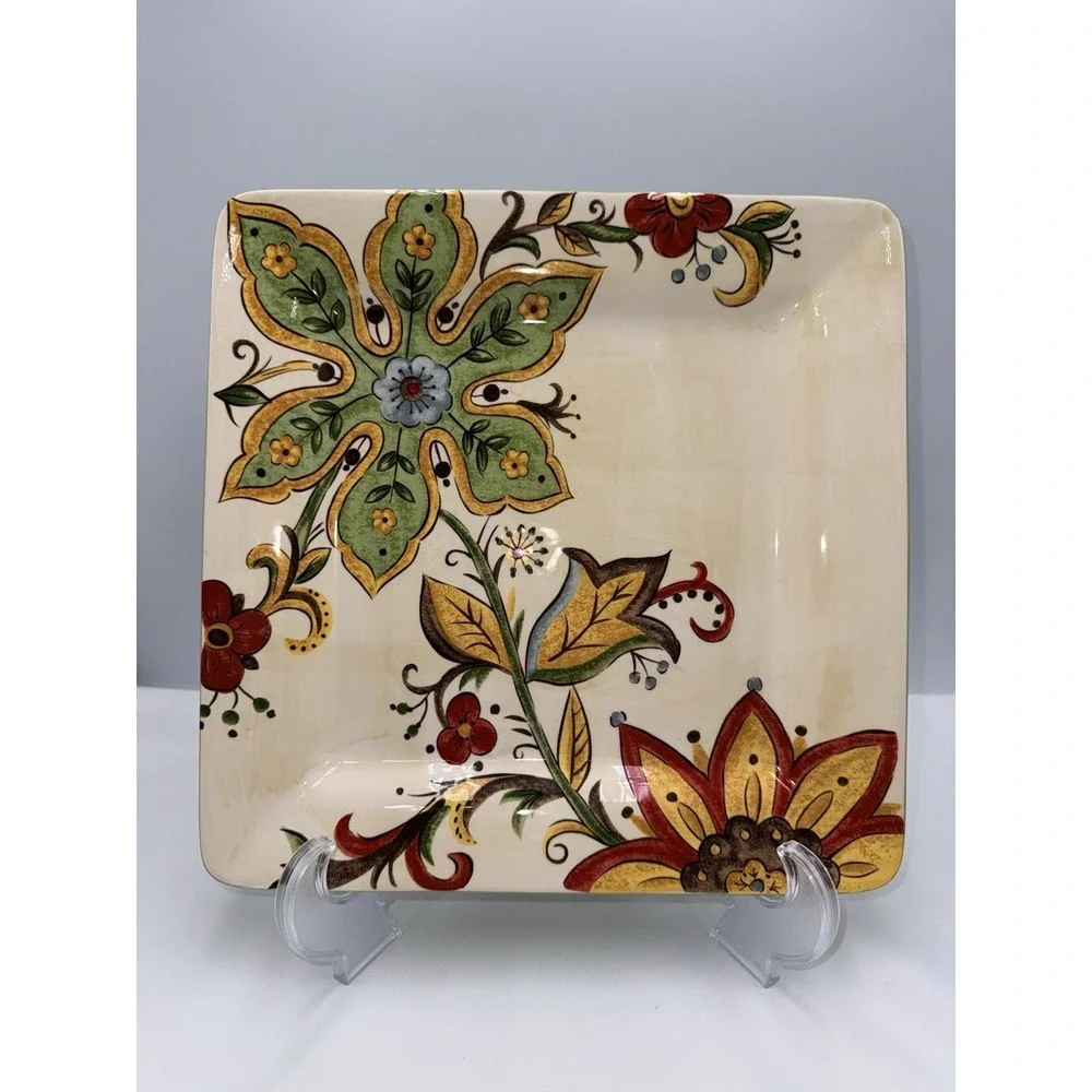 Pier One Carynthum Square Dinner Plates Set Of 4 Floral Design Ceramic 2009